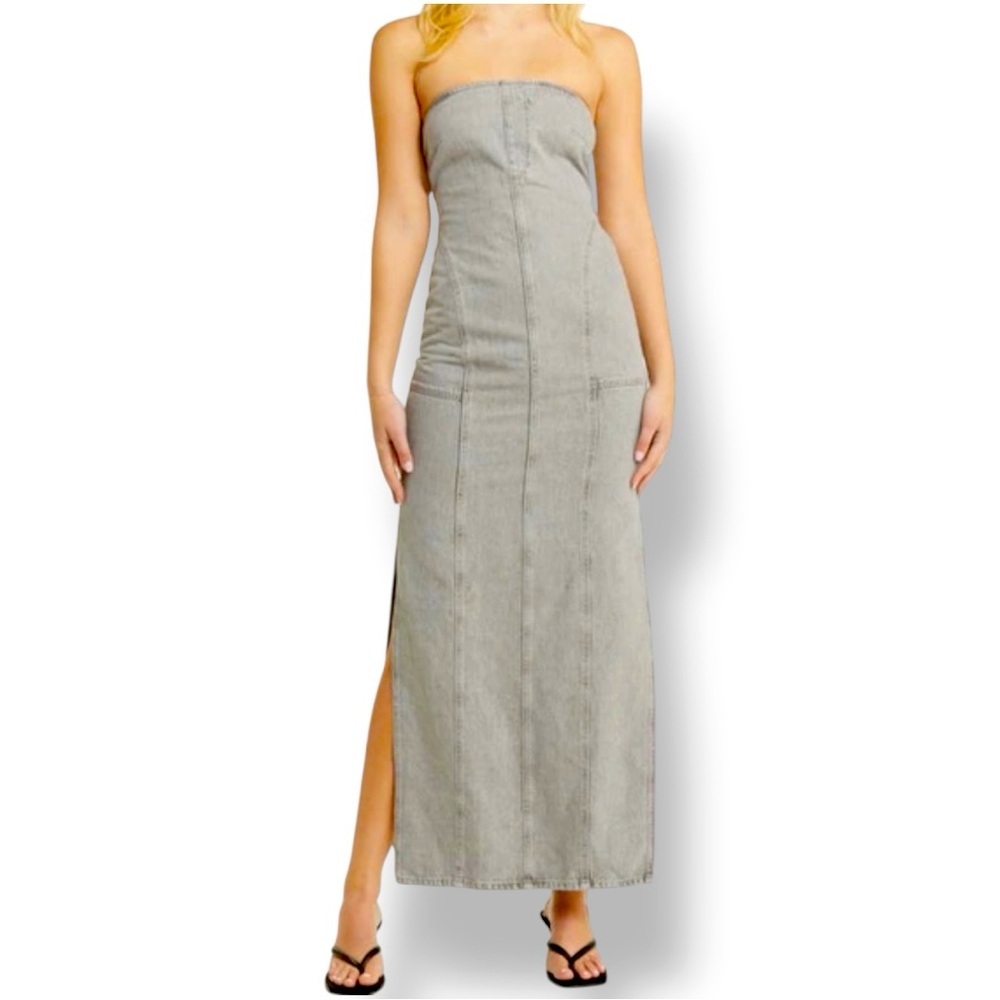 TOPSHOP Denim Bandeau Strapless Dress With Side Splits In Gray Size 10